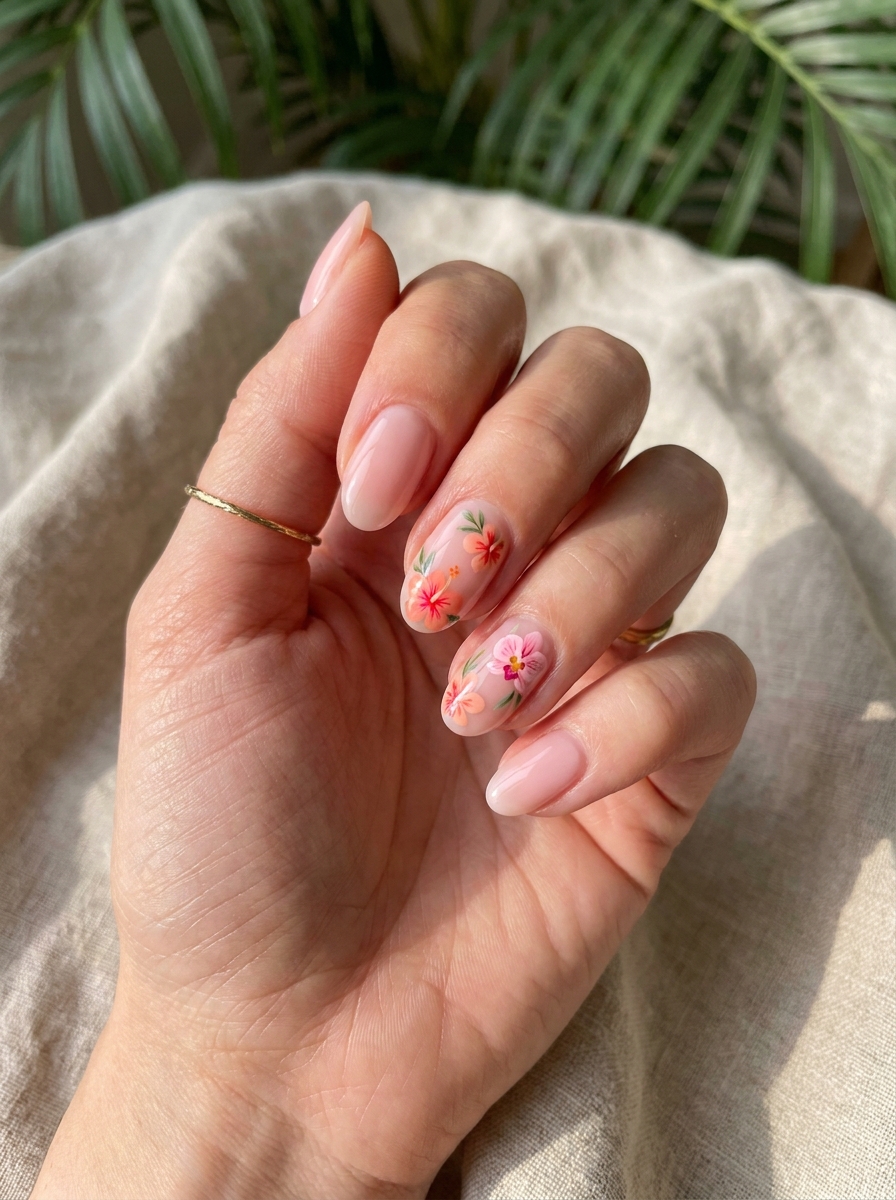 Tropical Flower Nails mit tropischen Blüten in Pink und Koralle